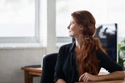 Buy stock photo Woman, office and think with vision at window for company idea, growth and hope with future in startup business. Female person, entrepreneur and desk with computer at work as hr for corporate.