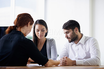 Buy stock photo Business people, paperwork and discussion in office, planning and documents for strategy. Colleagues, workplace and communication in law firm for problem solving, solution and lawyers for research