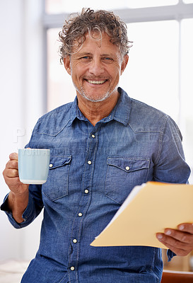Buy stock photo Portrait, coffee and business man with paperwork in office with pride for career, job or occupation. Entrepreneur, documents and happy male person or mature professional from Australia in workplace.