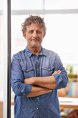 Buy stock photo Mature, portrait and business man with arms crossed in office with pride for career, job or occupation. Entrepreneur, male professional and designer, confident boss and serious person from Australia.