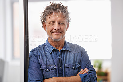 Buy stock photo Portrait, mature and business man with arms crossed in office with pride for career, job or occupation. Entrepreneur, professional and male executive, confident boss and serious person from Australia