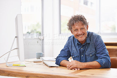 Buy stock photo Portrait, mature and smile of business man in office with pride for career, job or occupation. Entrepreneur, male professional and happiness confident boss and person from Australia in workplace.