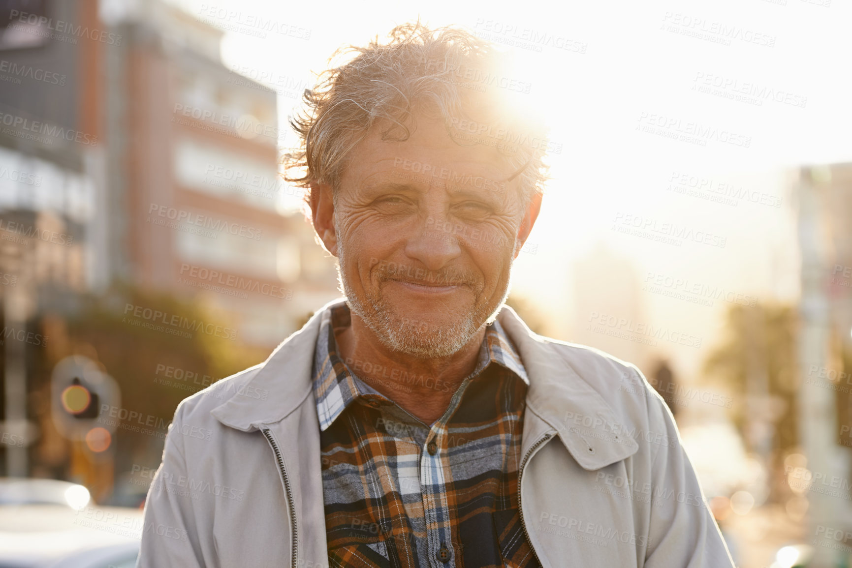 Buy stock photo Mature, portrait and man in the city with lens flare and happiness from retirement. Sunshine, urban street and old male person face with freedom and a happy smile outdoor on holiday in New York