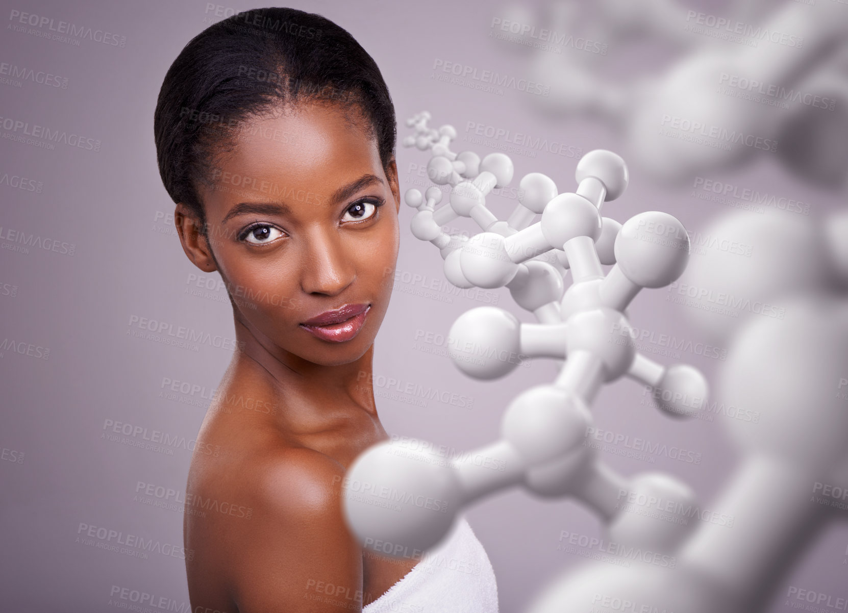 Buy stock photo Portrait, beauty and dna molecule with black woman in studio on purple background for wellness science. Face, skincare and dermatology with biological structure of confident model for cosmetics