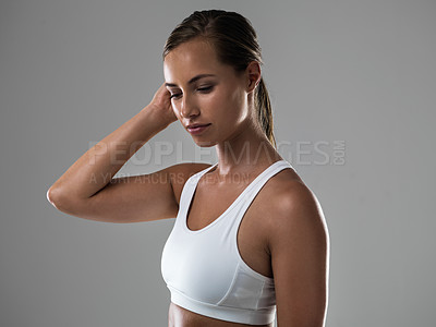 Buy stock photo Woman, fitness and wellness with health in studio, strong body with muscle and workout on grey background. Personal trainer, athlete for sports and exercise with pride and power, active and endurance