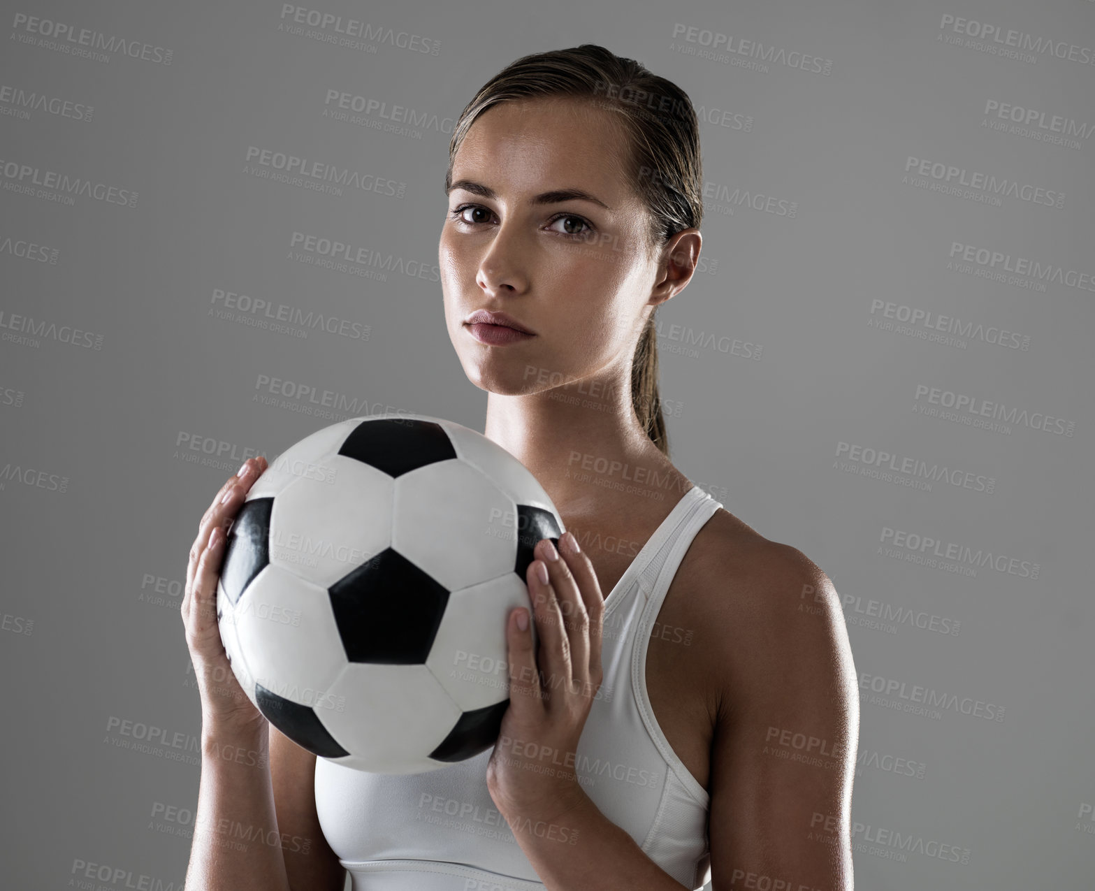 Buy stock photo Woman, portrait and athlete with soccer ball for match, game or kick off on a gray studio background. Female person or football player ready for sports exercise, workout or training on mockup space