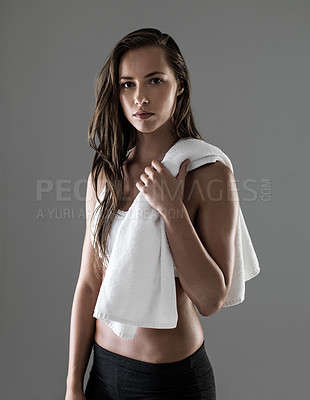 Buy stock photo Woman, portrait and sweat towel for workout in studio for physical activity challenge, performance or grey background. Female person, endurance and gym fitness for wellness, training or mockup space