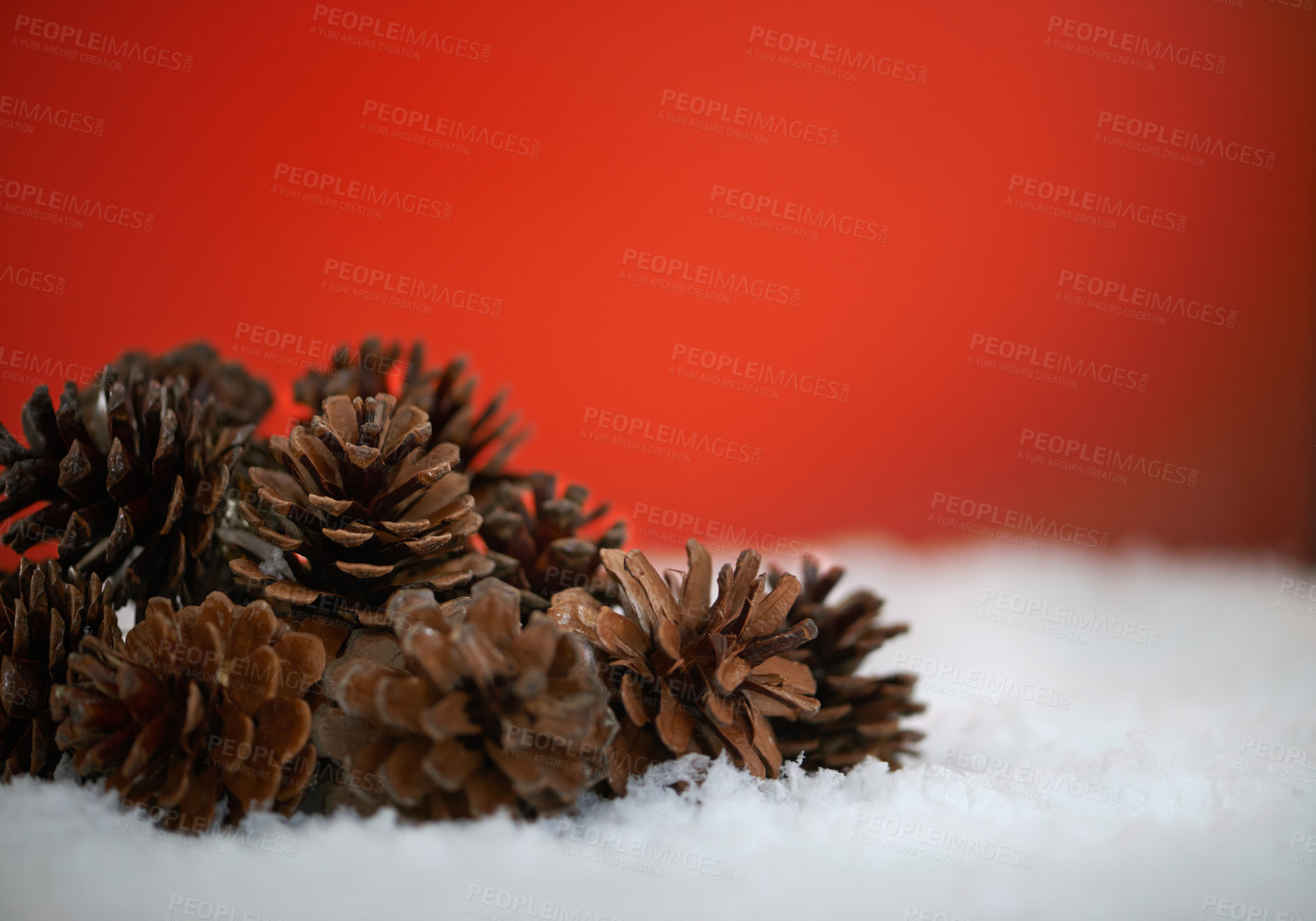 Buy stock photo Pine cones, studio and Christmas on snow, festive season and decoration on red background. Plant, nature and symbol of holiday celebration on mockup space, object and traditional ornament on backdrop