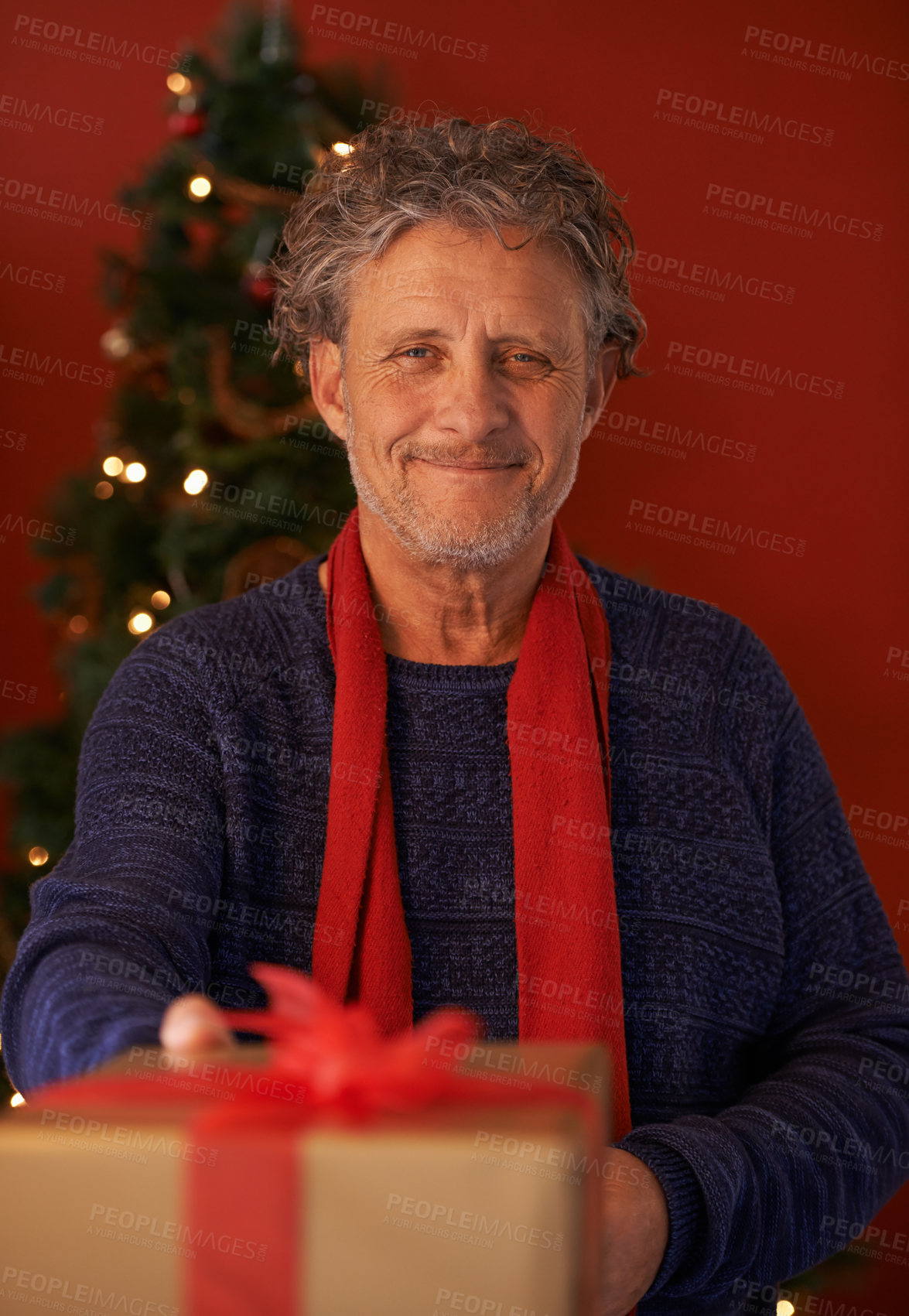 Buy stock photo Happy man, portrait and Christmas tree with gift box for present, giving or December holiday at home. Mature male person with smile for wrapped container, festive holiday or season of Santa at house
