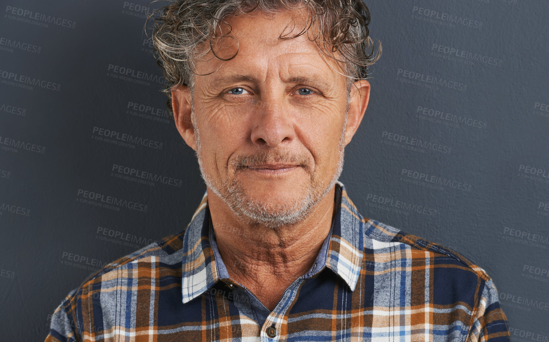 Buy stock photo Mature, man and portrait in studio with fashion on dark background with model or casual style. Confident, person and calm face with pride or guy relax on mockup space with plaid pattern on shirt