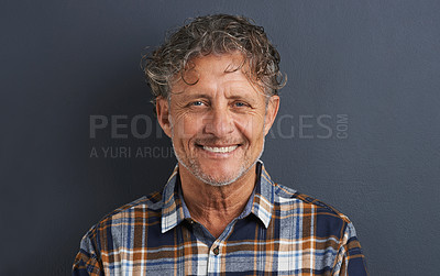 Buy stock photo Mature, man and happy portrait in studio on dark background with fashion or casual style. Confident, person and smile on face with pride or guy relax on mockup space with plaid pattern on shirt
