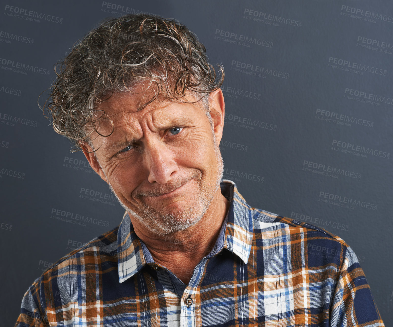 Buy stock photo Mature, man and portrait with doubt in studio on dark background with confused questions. Senior, face and unsure person with faq information or guy on mockup space with plaid pattern in fashion