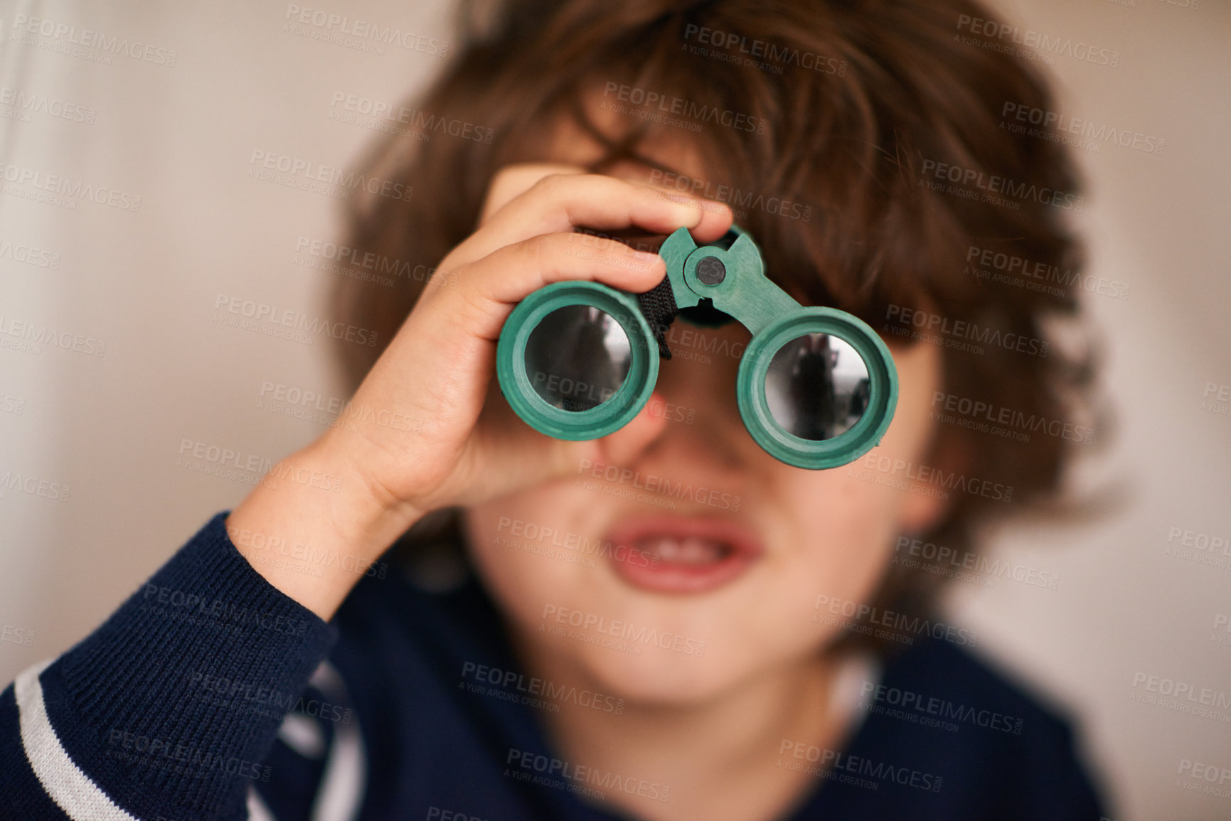 Buy stock photo Boy, kid and binocular with toys and playing, closeup of fun and innocent with search or surveillance. Investigate, looking or curiosity with discovery on adventure, playful with games and activity
