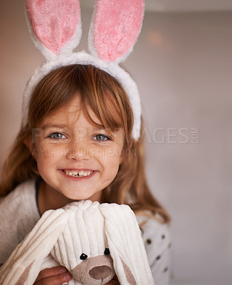 Buy stock photo Girl, kid and bunny ears with teddy bear in portrait, soft toys and playing with smile and fun at family home. Happiness, innocent and child with stuffed animal, games for Easter and childhood