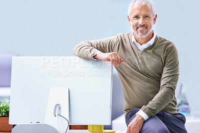 Buy stock photo Businessman, smile and portrait of manager with monitor for finance office, accounting and pride. Mature employee, confident and professional person with happiness for corporate work, company and job