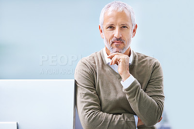 Buy stock photo Businessman, portrait and hand on chin in office for finance career, accounting and confidence. Mature employee, monitor and professional manager with pride for corporate job, company and work