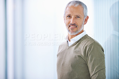 Buy stock photo Business man, senior and smile in portrait, CEO with pride and confidence at workplace. Professional, career and expert at office with mockup space, corporate job and executive at media company