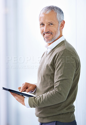 Buy stock photo Senior, man and tablet for digital schedule, planning agenda with CEO of finance company and smile in portrait. Online, networking and fintech app for project management with happy boss at office