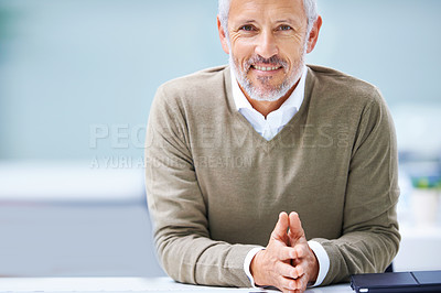 Buy stock photo Businessman, smile and portrait of manager by desk for attorney career, pride and law firm. Mature employee, happy and professional person with confidence for corporate company, job and startup