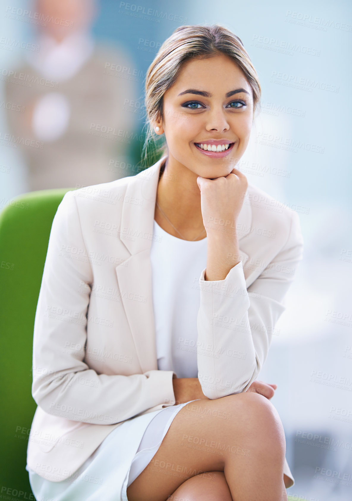 Buy stock photo Businesswoman, portrait and smile for career confidence as small business entrepreneur, start up or corporate professional. Female person, face and chair for company growth, opportunity or workplace