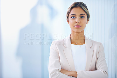 Buy stock photo Business woman, arms crossed and serious in portrait, paralegal at law firm and confidence with pride. Young professional, career and legal expert at office with mockup space and corporate job