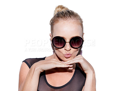 Buy stock photo Portrait, lips and sunglasses or trendy woman for fashion in studio or skincare and isolated on white background. Face, stylish and female model for makeup or glamour or lipstick 
 and fish kiss 