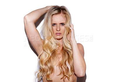 Buy stock photo Cropped portrait of a beautiful woman with her blonde hair covering her breasts