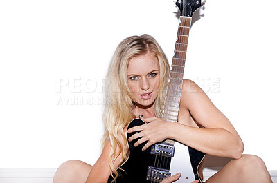 Buy stock photo Nude, portrait and woman with electric guitar for music, rock and creativity isolated on white background. Female person, punk artist or sexy with instrument on body for song, entertainment and band