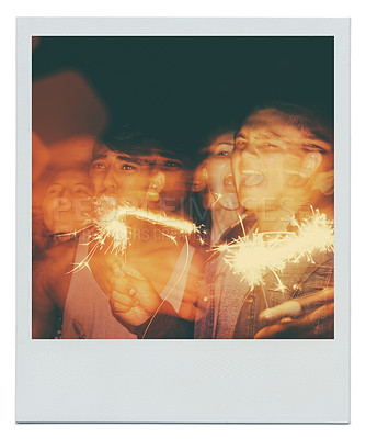 Buy stock photo Celebration, night and friends at festival with fireworks, flare and memory on instant photography. Men, women and sparkles with excited group of people at party, concert or social event for students