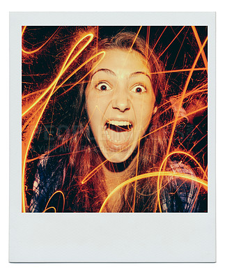 Buy stock photo Night, portrait and woman with fireworks for celebration at event or festival, lights and flare for entertainment. Female person, sparkler and shout for new year party with polaroid for crazy memory.