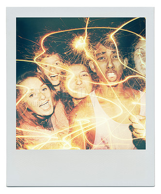 Buy stock photo Sparklers, portrait and frame with friends, night and party with fireworks and pattern with celebration. Social gathering, people or teenagers with group or excited with expression, happy or culture