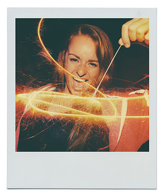 Buy stock photo Portrait, night and woman playing with fireworks, bright alight and celebration with neon color lights. Crazy girl, happy and face of girl by sparklers for patterns and party on holiday or new year