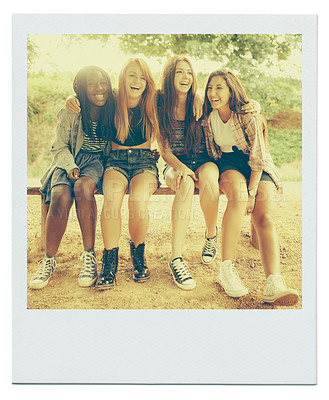 Buy stock photo Students, girl and bench with laugh in park with happiness in outdoor, bonding and summer vacation in California. Polaroid, diverse group and teen friends with hug on school holiday and together.