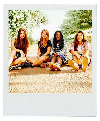 Buy stock photo Women, friend group and portrait outdoor as polaroid picture for bonding connection, sisterhood or together. Female people, face and diversity in environment for relaxing joy,  reunion or weekend