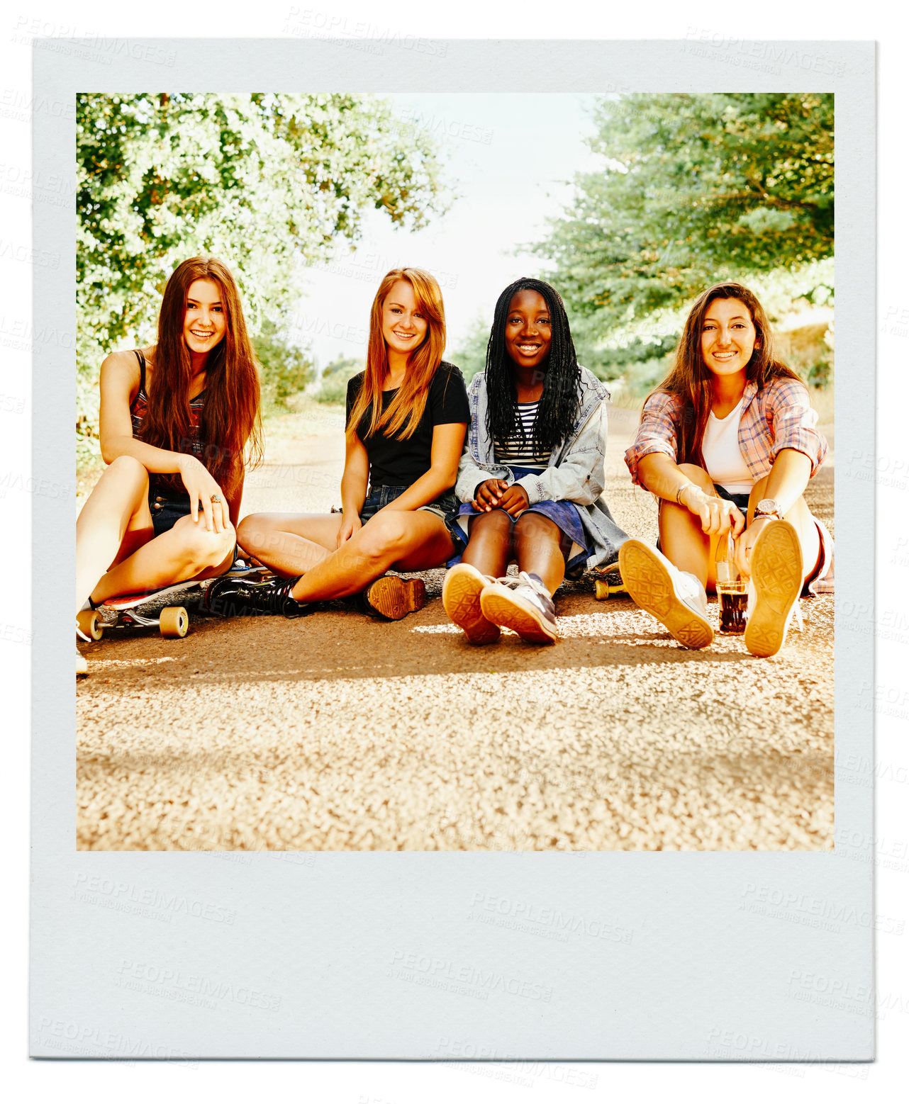Buy stock photo Women, friend group and portrait outdoor as polaroid picture for bonding connection, sisterhood or together. Female people, face and diversity in environment for relaxing joy,  reunion or weekend