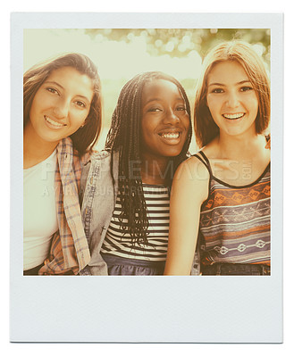 Buy stock photo Women, friends and group portrait with smile as polaroid picture for bonding connection, summer or together. Female people, face and diversity in environment for relaxing joy, vacation or weekend