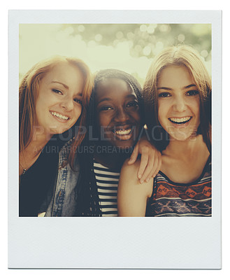 Buy stock photo Women, friends and happy portrait in nature as polaroid picture for bonding connection, summer or together. Female people, face and diversity in environment for relaxing holiday, vacation or weekend