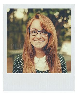 Buy stock photo Portrait, ginger and happy woman with glasses outdoor in nature for vacation, holiday and summer. Face, smile and young redhead girl or student in garden for instant photo on mockup space in Ireland