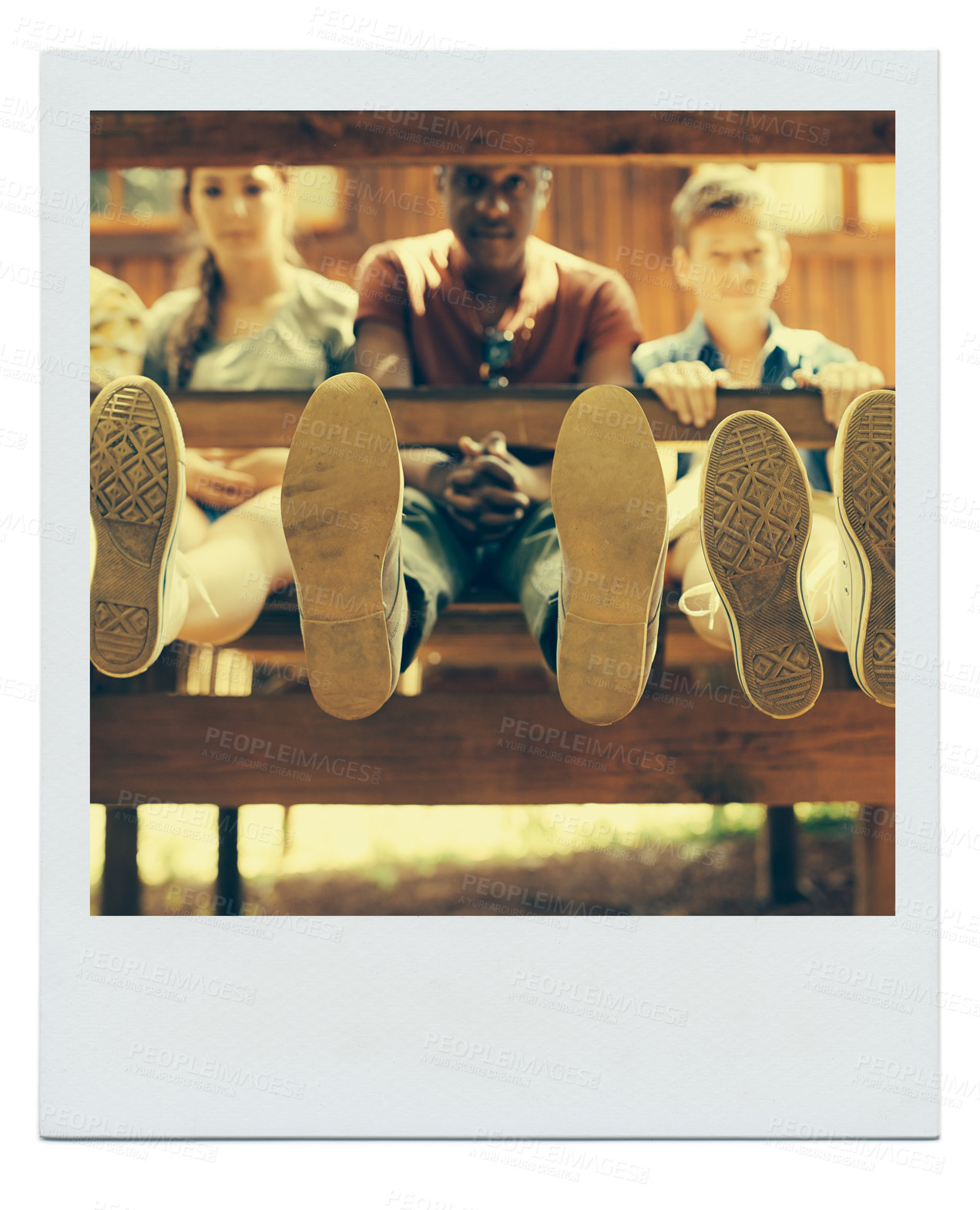 Buy stock photo Shoes, friends and teen in wooden house on outdoor to relax with camping and  brea in California. Polaroid, diverse group and people together in summer for holiday with bonding, fun and leisure.
