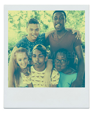 Buy stock photo Frame, portrait or funny with friends, silly or fun with summer, weekend break or happiness. Face, teenagers or group with sunshine or reaction with nature or goofy with diversity, joyful or vacation