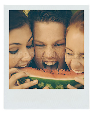 Buy stock photo Friends, eating watermelon and frame with group, nutrition and wellness with picnic and happiness. Bonding together, people or sharing fruit with sunshine and filter with memory and party with health