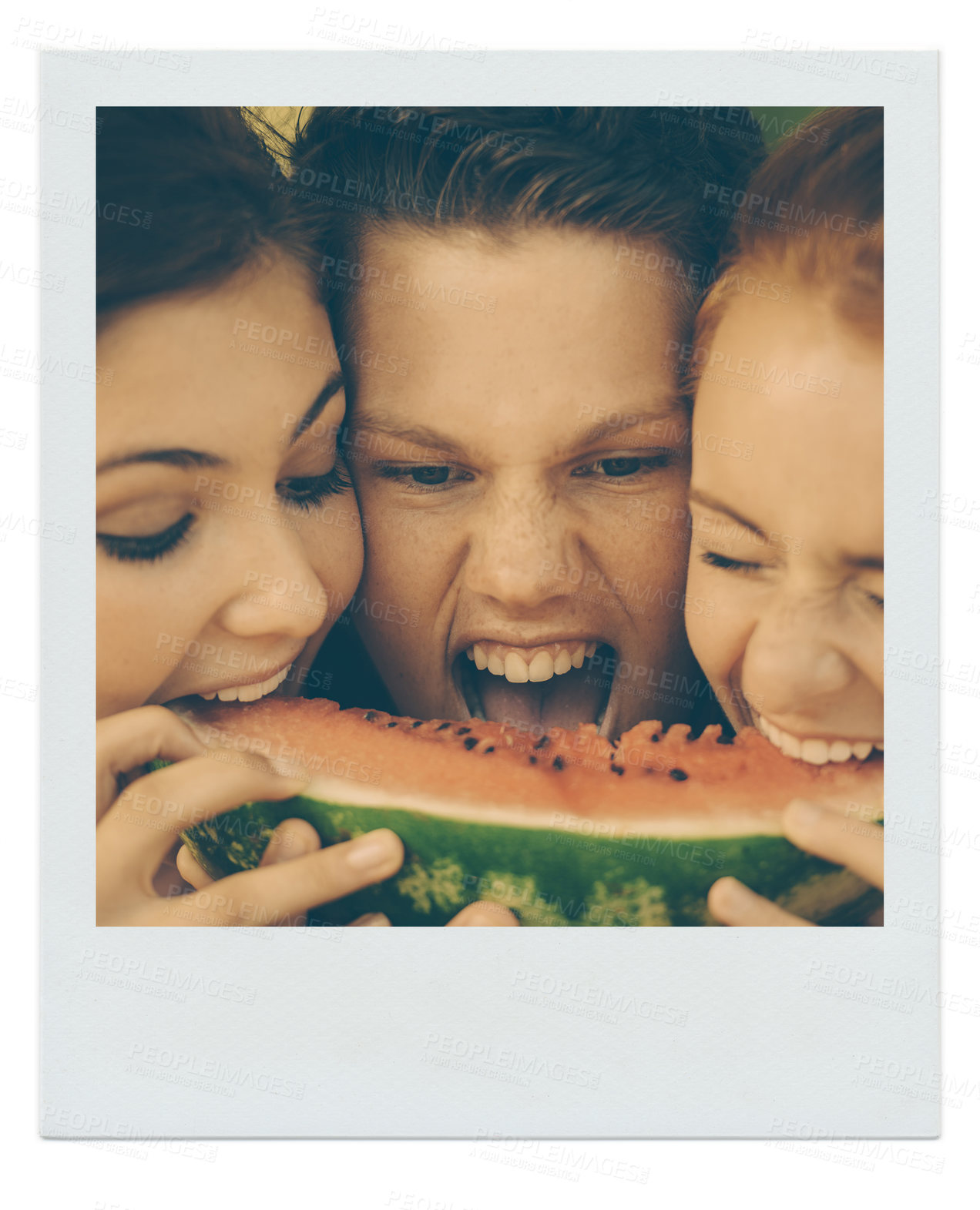 Buy stock photo Friends, eating watermelon and frame with group, nutrition and wellness with picnic and happiness. Bonding together, people or sharing fruit with sunshine and filter with memory and party with health