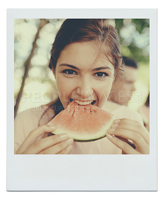 Buy stock photo Portrait, woman and eating watermelon outdoor on vacation, holiday or summer on instant photograph. Face, fruit and hungry girl at park with food for healthy diet or organic nutrition on mockup space