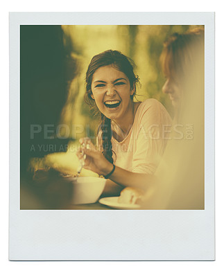 Buy stock photo Frame, friends and funny with woman, picnic and laughing for a joke with humor and cheerful with weekend break. Joy, girl with people or eating with filter and memory with photograph and conversation