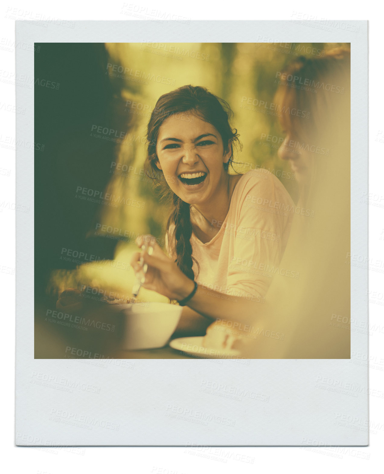 Buy stock photo Frame, friends and funny with woman, picnic and laughing for a joke with humor and cheerful with weekend break. Joy, girl with people or eating with filter and memory with photograph and conversation