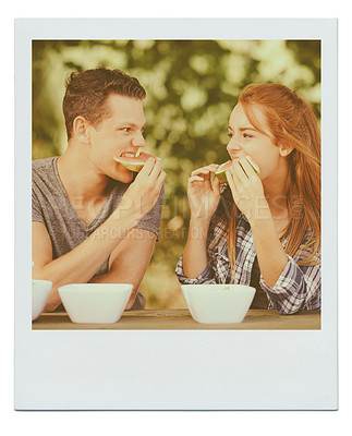 Buy stock photo Couple, happy and relax outdoors with watermelon for summer picnic for love, care and support in park. Gen z or teenager, boy and girl together with fruit in garden for date and polaroid memory