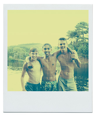 Buy stock photo Boys, lake and portrait of teenager friends on vacation, adventure or holiday in nature together. Polaroid, happy and group of children standing together by river or pond in forest on weekend trip.