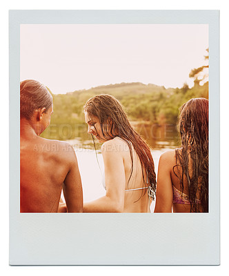 Buy stock photo Lake, nature and back of friends on vacation, holiday or adventure together at summer camp. Polaroid, water and behind of teenager group sitting by outdoor river or pond in forest on weekend trip.