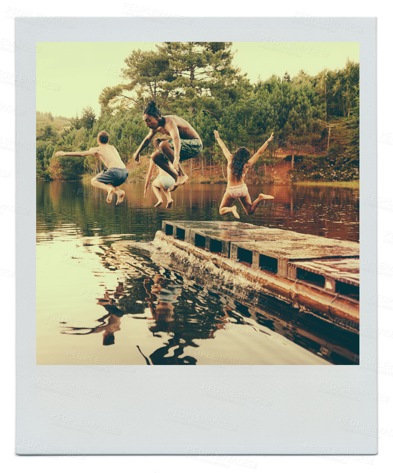 Buy stock photo Nature, adventure and friends jumping in lake for travel, vacation or holiday in summer. Polaroid, energy and group of teenagers having fun on pier by river or pond water in forest on weekend trip.