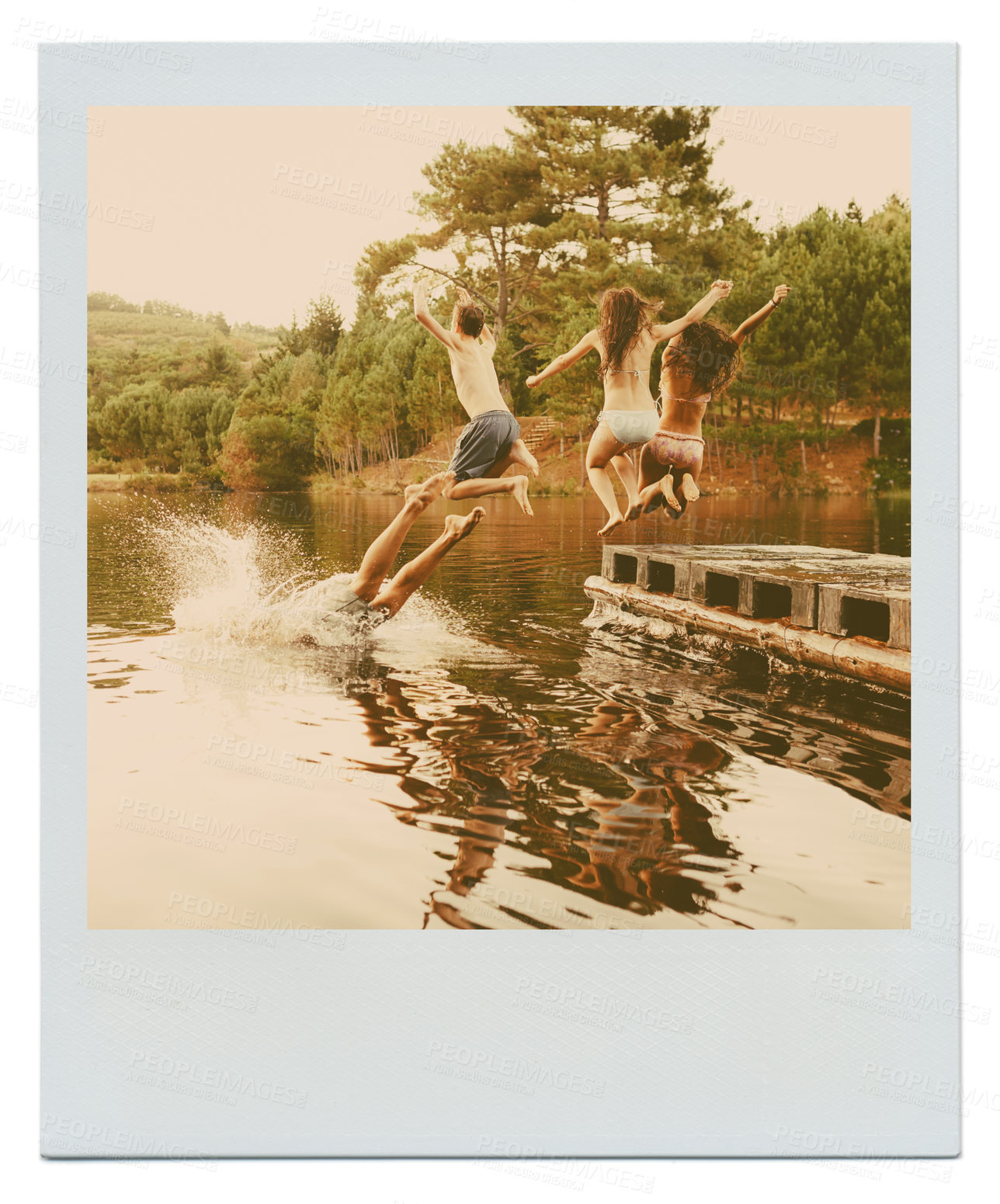 Buy stock photo Nature, lake and friends jumping for adventure, vacation or holiday with outdoor summer camp. Energy, polaroid and group of teenagers having fun on pier by river or pond on weekend trip together.